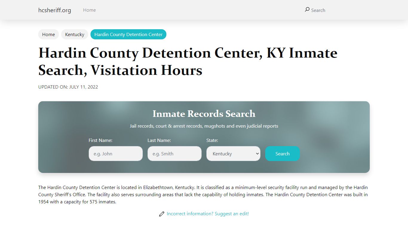 Hardin County Detention Center , KY Inmate Search, Visitation Hours